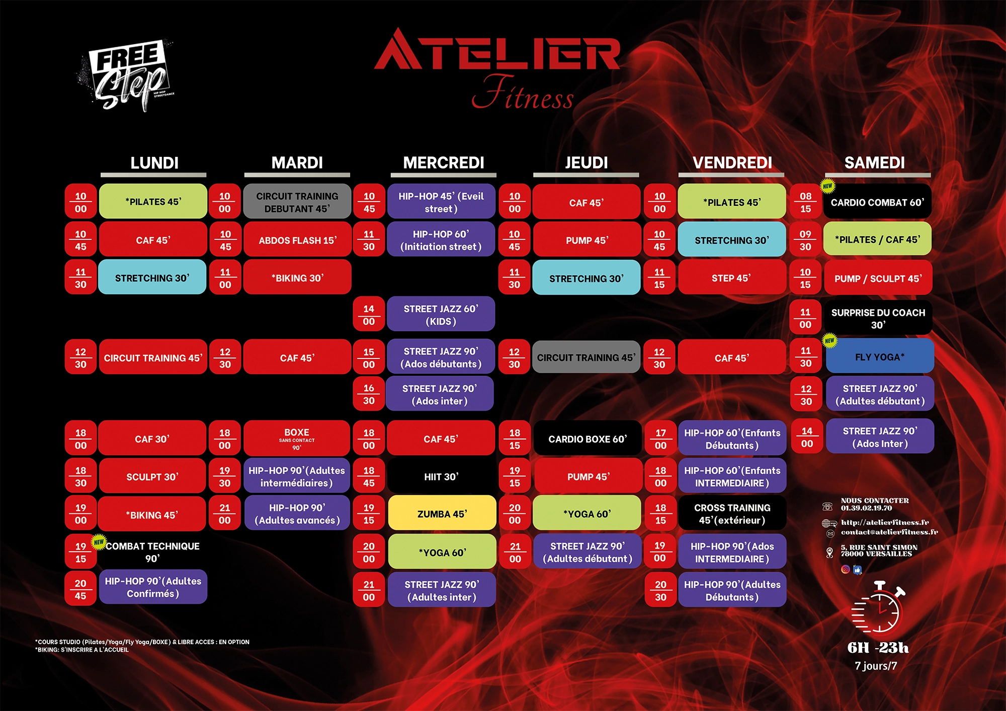 Planning des cours collectifs Atelier Fitness Versailles